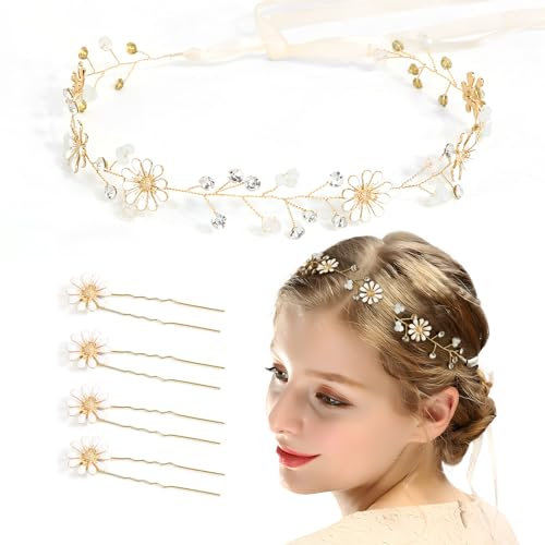 5pcs Corona Pelo Nupcial, Diadema Novia Pelo, Corona Flor Perla de Crisantemo, Diadema Corona Novia Metal Nupcial Flor Boda, Guirnalda Flor Boda, Diadema Fina Perlas Diamante Imiración Kit Horquillas