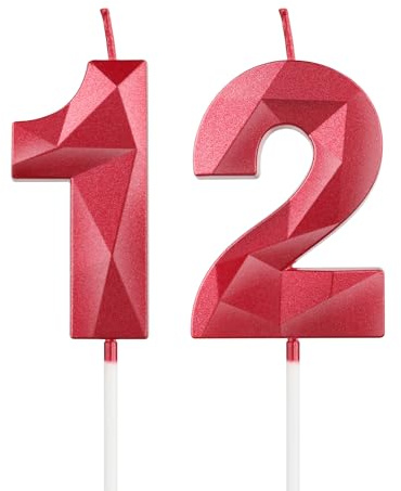 mciskin Red 12th Birthday Candles, 3D Number 12 Candles for Cake, Girls Boys 12th Birthday Decorations,Pearl Red Candle Cake Topper Decorations for Birthday Party Weddings Anniversary Supplies