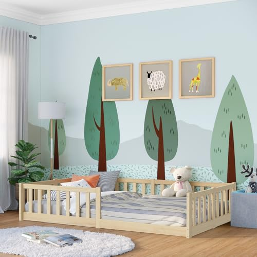 Bellabino Vere Bodenbett 120x200 cm – Montessori Kinderbett mit Rausfallschutz & Lattenrost – Massives Kinder Bett Jungen & Mädchen aus Holz Kiefer – Kleinkindbett in Natur