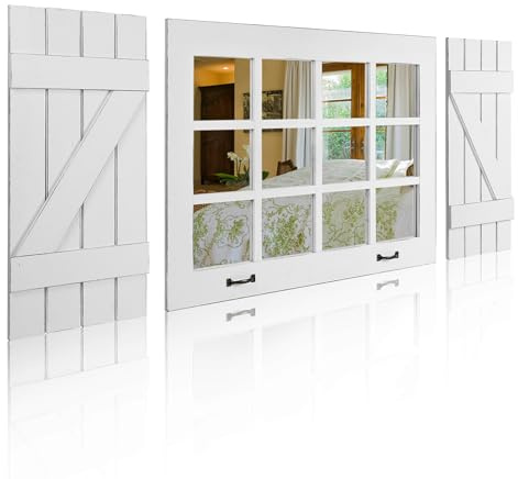 Besuerte Window Pane Mirror Wall Decor, Heavy Duty Windowpane with Two Z-Style Shutters & 12 Panes Real Glass Mirror, Large Decorative Mirror for Living Room, Dining Room, Rustic White