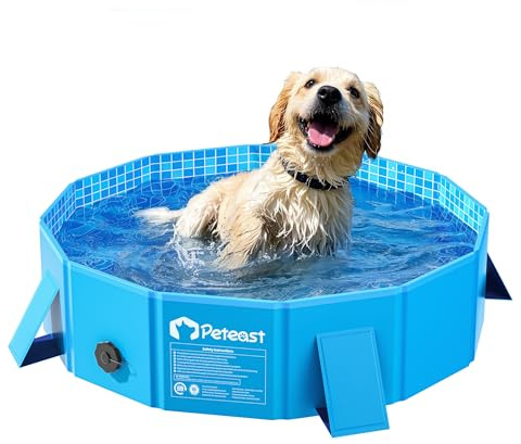 Peteast Piscina plegable para perros con soporte lateral estable, carcasa de plástico duro, piscina portátil para perros, piscina plegable para mascotas y niños, 32 pulgadas