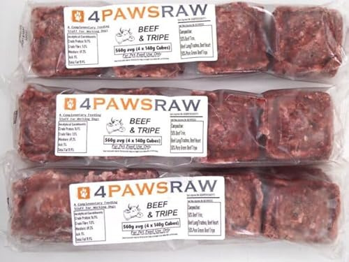 4PAWSRAW Frozen Raw Dog Food Premium Beef with Tripe Mince For BARF Diet (20 x 560g Packs Total 11.2kg)