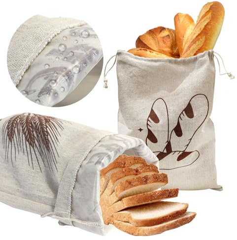 Sac a Pain Tissu Pour Cuisine, 2pcs Linen Bread Bag Réutilisable, Doublée de Plastique Sac a Pain en Tissu Pour Garder la Fraîcheur