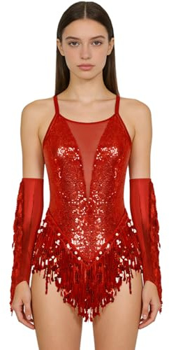 Damen Pailletten Latein Tanzkostüm Tanzkleid Fransen Trikot Tanzanzug Body mit Handschuhe Gymnastikanzug Salsa Cha Cha Standard Dance Outfit Wettkampf Bühne Rot L