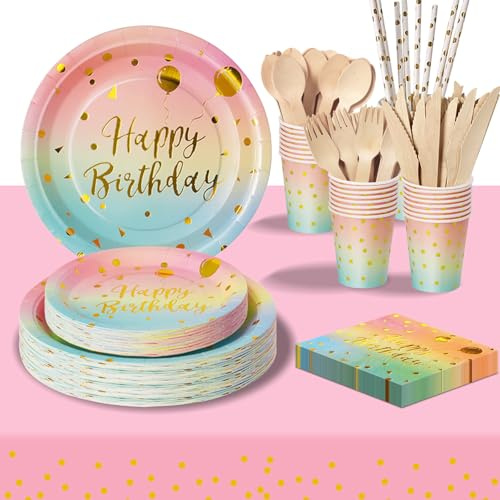 PYAILI Cumpleaños Vajilla de Fiesta,193 Pcs Oro Arcoíris Vajilla Set Platos Fiesta Tazas Servilletas Cuchillos Tenedores Cuchara y Mantel, para todo tipo de Fiestas Temáticas -24 invitados
