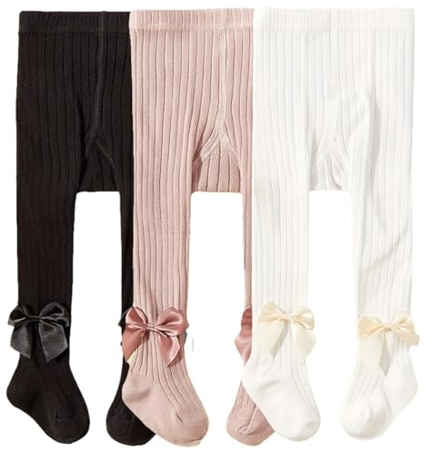 AOOPOO 3 Pezzi Collant per Neonati e bambini piccoli in cotone, Leggings Morbidi Caldi ed Elastici con Design a Fiocco Leggings Senza Cuciture per Bambini da 0 mesi a 6 anni