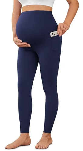 BAYDI Creamlush Dam, mammaleggings med ficka, hög midja, gravidleggings, mjuka, elastiska, mammamode, hemma, yoga, 1-pack – marinblå, M