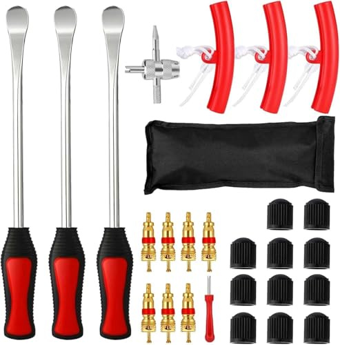 kaiyaya Leva A Cucchiaio in Acciaio Kit,26 Pezzi Leva di Montaggio per Pneumatici,Smontagomme Moto,con 3 Protezioni Set Smontagomme per Motocicli per Cerchi,Moto,Bici,Auto,Scooter