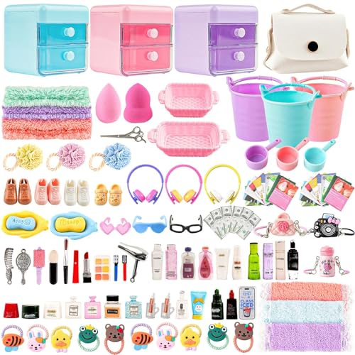 118Pcs Dollhouse Mini Jewelry Storage Case Cosmetic Hand Bag Towel Bathroom Set Accessories Toothbrush Shampoo Purse Decor Doll Backpack Girl Micro Scene Ature Makeup Shoes Glasses Money Mask DIY