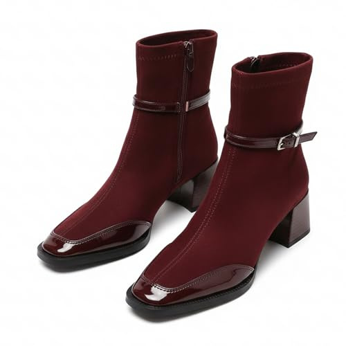 BEDGMDEG Women’s Square Toe Block Heel Ankle Boots – Faux suede with Patent Leather Trim, Side Zipper Buckle Strap Casual Dressy Sock Boots For parties, dates, weddings (red,8.5)