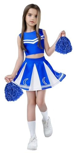 Cheerleader Kostüm Kinder, Blau Cheerleader Uniform Set für Mädchen, süßes Cheerleading Outfit mit Accessoires für Karneval Halloween Cosplay, 5-13 Jahre