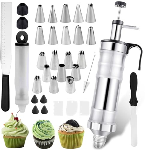 Siringa per torte in acciaio inox, 34 pezzi, set di siringhe per torte, 20 beccucci, spruzzatore professionale per panna e pasticcini, riutilizzabili, per decorare torte, ciambelle, cupcake