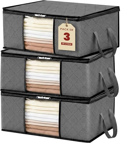 JUPPLIES Cajas Almacenaje Ropa 35L – 35,5x50x18,5cm – Bolsas Almacenaje de Ropa con Ventana Transparente, Cremallera Bidireccional Mejorada y Asas Reforzadas (Pack 3-35L cada unidad)