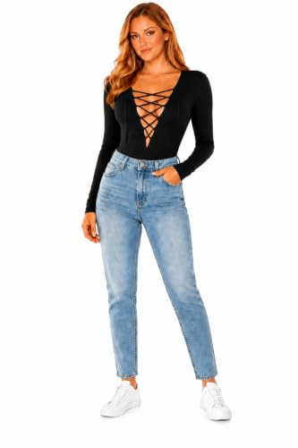 Yo!zor Women’s V-Neck Long Sleeve Lace-Up Bodysuit – Stretchy Slim Fit One-Piece Top for Jeans, Skirts & Night Out Wear