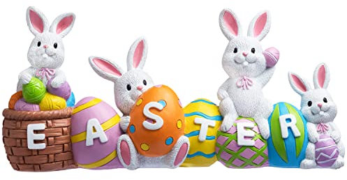JOYIN Easter Bunny Eggs with The Word Easter Resin Centerpiece Decor Easter Resin Decoration 4 Rabbits Bunny & Egg Tabletop Easter Figuring for Easter Home and Office Easter Tabletop Decoration