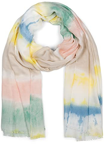 styleBREAKER Bufanda de mujer con estampado de rayas batik de colores y flecos cortos, bufanda ligera, estola 01016216, color:Verde-amarillo-azul