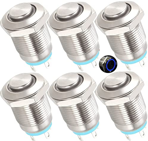 RUNCCI-YUN Interruttore a pressione istantaneo in metallo, 12-24 V, 12 mm, 3 A, 4 pin, con anello blu, pulsante rotondo per auto, camion, navi, campanello, sistemi di accensione (sporgente)