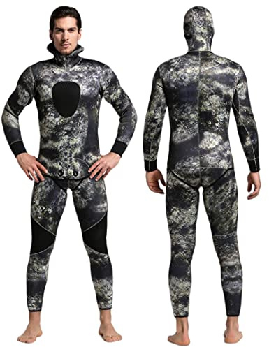 QBREZA Combinaison de plongée 5MM pour hommes Combinaison de natation chaude à manches longues Deux pièces Combinaison épaisse anti-méduses Combinaison de pêche Camouflage (Couleur : Gris-A, Taille