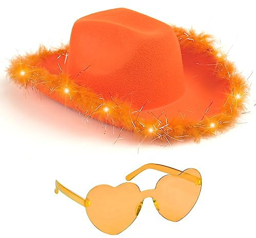 Funcredible Orange Light-Up Cowboy Hat & Heart Glasses – Sparkly Cowgirl Costume Accessory Set for Festivals, Concerts & Photo Shoots