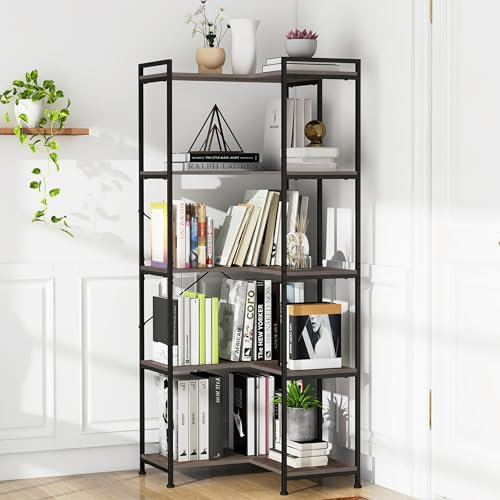 VEDECASA 5-Shelf Corner Bookshelf Large Modern Corner Bookcase Black Freestanding Deformable L Shaped Shelf with Metal Frame for Living Room Home Office Study Room Bedroom Rustic Grey