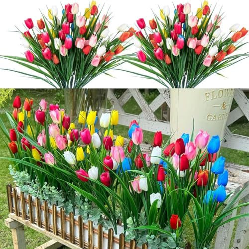 Laelfe 12 Bundles Artificial Tulips Flowers with 60 Pcs Flower Head Fake Tulips Flowers Bouquet for Outdoor Indoor Home Garden Wedding Arrangements (Multicolor)