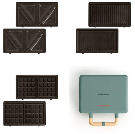 CREATE/STONE STUDIO/Sandwichera-Grill y gofrera doble verde sage / 3 placas intercambiables: Grill, Gofre y Sandwich, antiadherente, apertura 100º, 2 rebanadas, autoapagado, retro, 800W