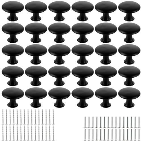 LOPYXBR 30 pomos para muebles de color negro, 30 mm, redondos, de acero inoxidable, pomos de armario con tornillos, pomos modernos para cajones, armarios, armarios