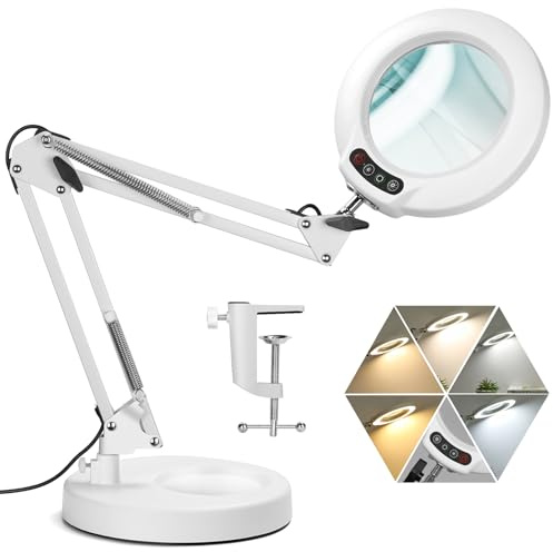 Veemagni 10X Lente di Ingrandimento con Luce, 5 Modalità di Colore Dimmerabili 2 in 1 Lampada da Scrivania e Morsetto, Lampada Lente Ingrandimento a Mani libere per Lavori Ravvicinati Lettura Bianco