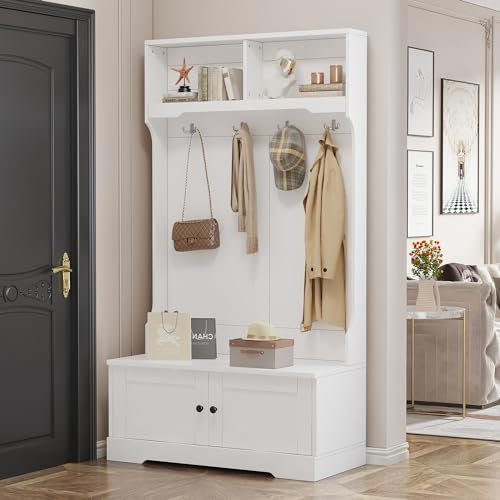 Merax Flurgarderobe, Garderobenschrank Flur, Garderobe mit Sitzbank, Weißer Eingangsschrank mit Stauraum an der Unterseite des Sitzes, 101 x 183 x 47 cm (B/H/T), Weiß