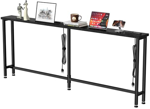 GRLEAF 78 Sofa Table with Built-in Power Strip (2 AC Outlets & 2 USB Ports) – 4.9ft Power Cord, Metal Frame, Easy Assembly, Long Couch Table Behind Sofa, Hallway, Living Room and Home Office | Black