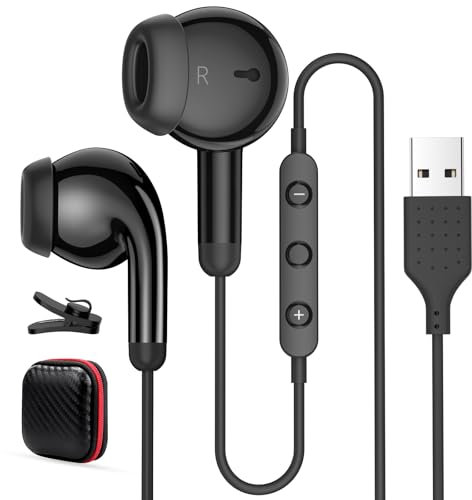 USB Earbuds for PC,Headphones with Microphone for Computer,Wired USB Headset with Mic Audio Control Noise Isolating Stereo Laptop Earphones for Dell for HP for Surface Switch Office Zoom Working Black