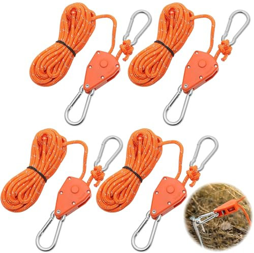 4PCS Reflective Tent Guy Ropes, 4 mm Tent Camping Cord with Pulley, 5M Heavy Duty Guide Buckle Rope with Aluminum Adjuster, Tent Guy Ropes for Awning Outdoor Tent Tarp Hiking Awning Picnics