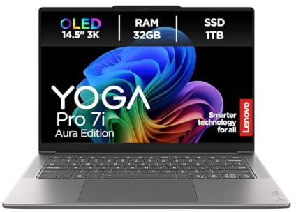 Lenovo Yoga Pro 7i Aura Edition Laptop | AI-PC | 14.5 3K OLED | Intel Core Ultra 9 285H | 32GB RAM | 1TB SSD | Intel Arc 140T GPU | Win11 Pro | QWERTZ Beleuchtet | Grau | 2 Jahre Premium Care