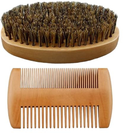Mustache Brush, Beard Comb, Wooden Boar Bristle Grooming Tool, Ergonomic Handle Styling Set, Gift for Dad Husband Boyfriend, Natural Color, 2 Pieces, Lightweight