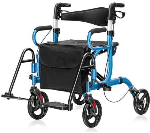 GOPLUS Andador 2 en 1 con Asiento, Ayuda para Caminar Plegable con Altura Ajustable, Respaldo Reversible, Bolsa de Almacenamiento, Silla de Transporte de Aluminio Ligero con Ruedas de 20,3 cm (Azul)