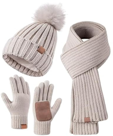 Generisch Gorro para mujer y hombre, lana de punto cálida para invierno, guantes acolchados de terciopelo, gorros bufandas, beige, talla única