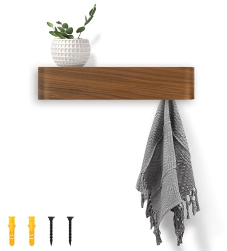 Wall-Mounted Coat Hooks with Hidden Design - Wooden Veneer Panel Coat Hanger Rack Shelf with 5 Hooks for Coats Jackets and Bags (Walnut Finish)