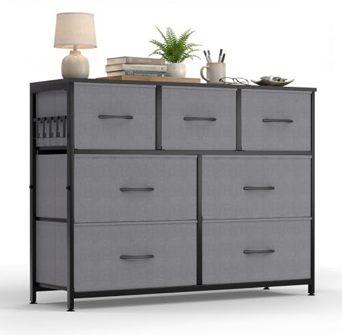 HOKEEPER Kommode, Chest of Drawers, 7 Schubladen aus Stoff mit Griffen, Komodenschrank Schlafzimmer mit Holzplatte, Sideboard Flur für Küche Büro (Grau)
