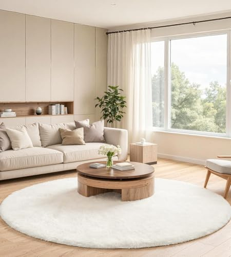ROHATIM Teppich Rund 120 cm Creme, Flauschiger Kunstfell Teppich in Kaninchenfell-Optik, Ultraweich & rutschfest, Waschbares Deko-Fell für Wohnzimmer und Schlafzimmer