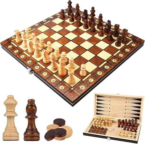 Scacchiera in Legno 3 in 1,Scacchiera Magnetica in Legno,Portatili Scacchi Pieghevole,Backgammon e Dama,per Bambini e Adulti,Ideale per Feste,Viaggio e Attività Familiari (29 * 29 cm)