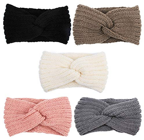 AOPRIE Knit Wide Headband for Winter 5 Pieces Women Ear Warmers Truban Headbands Thick headbands for Women Girls, Black Gray White Pink Brown