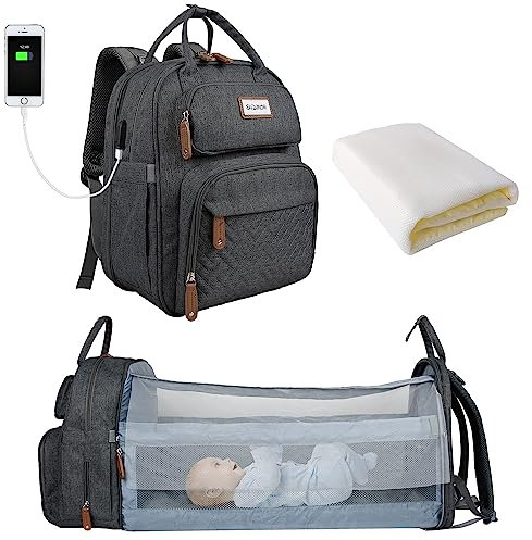 SNDMOR Wickeltasche Rucksack, Baby Wickeltasche mit Wickelstation, Große Unisex Babytasche mit Wickelunterlage, Großes Fassungsvermögen, Wasserdicht und Stylisch (Dunkelgrau)