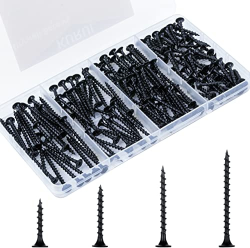 KURUI Drywall Screws Assortment Kit, #6 Black Wood Screws for Sheetrock,165pcs Picture Hanging Kit for Frame Painting Art Photo, Phillips Coarse Dry Wall Screw 4 Sizes 1,1-1/4,1-5/8,2