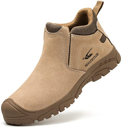 Dajingkj Zapatos de seguridad para hombre, ligeros, de plástico, puntera de acero, 6 KV, aislados, a prueba de pinchazos, sin cordones, Khaki, 42.5 EU