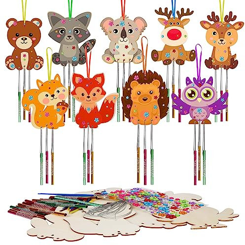 WEDNOK 9 Stück Herbst Windspiel Bastelset Tier Basteln Kinder Holz Bastelhandwerk zum Bemalen mit Igel Eule Fuchs Eichhörnchen Klangspiel Kreativsets für Mädchen Junge Herbst, 9Stil