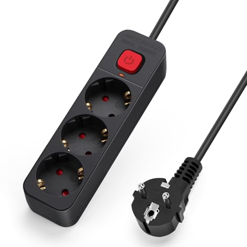 Aigostar Steckdosenleiste 3-fach, Mehrfachsteckdose mit Schalter, Mehrfachstecker Verlängerungskabel 3m Kabel, Schwarz