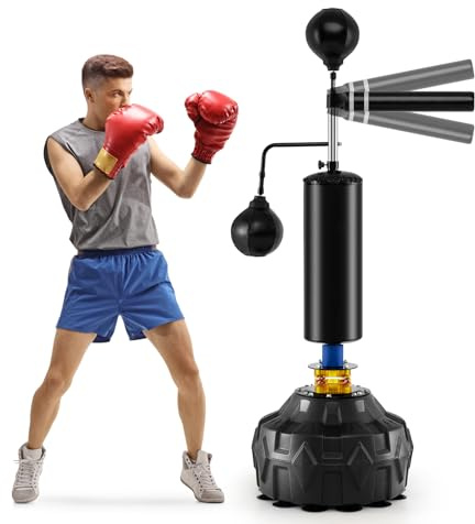 GYMAX Punching Bag, Freestanding Boxing Bag Trainer with 2 Speed Balls, Swivel Bar & Punching Bag Stand, Height Adjustable Kickboxing Reflex Equipment for Adults, MMA Muay Thai Fitness