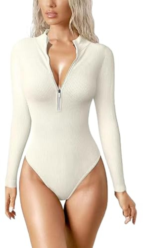 SUIUOI Body à manches longues élégant pour femme - Haut à manches longues avec fermeture éclair - Body string - Sous-vêtement de loisirs, beige, M