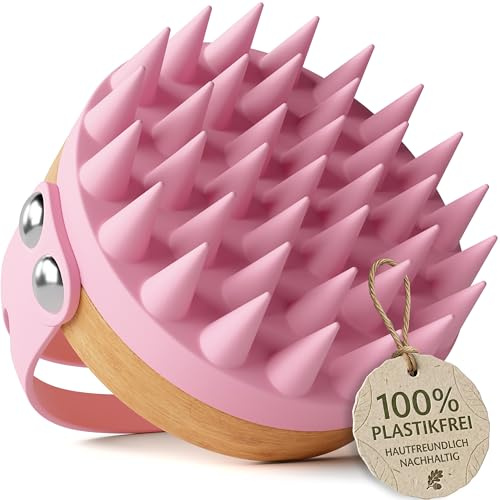 HELDSON hårbotten massageborste bambu – huvudmassage och schampo borste | Dermatest mycket bra, FSC 100 % bambu, mjuka silikonnoppor, för våt och torr användning, hårbotten peeling och vård