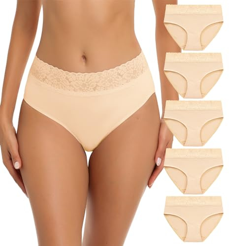 Wealurre Confezione da 5 mutande da donna, in cotone, con pizzo, biancheria intima per donne, slip da donna, color carne, M